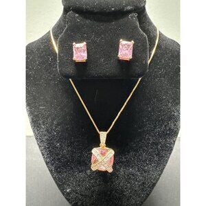 Pink Cubic Zirconia Gold Jewelry Set Emerald Cut Pendant Necklace Earrings